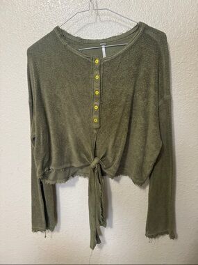 Free People Olive Green Crop Tie-Front Henley Top with Yellow Buttons